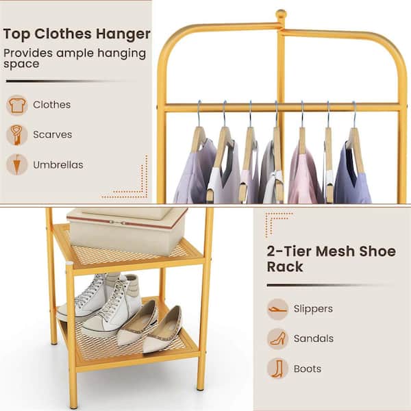 Costway Golden Corner Coat Rack with Shelves Freestanding Costway Golden Corner Coat Rack with Shelves Freestanding