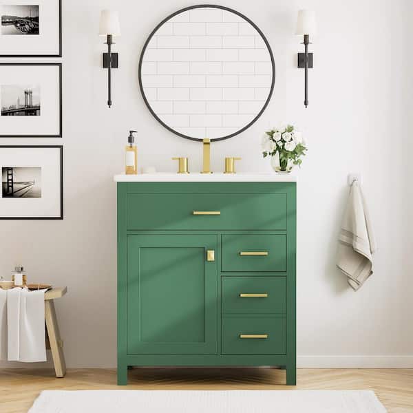 30 in. W Freestanding Bath Vanity in Green with White Ceramic Top and Sink, Ample Storage