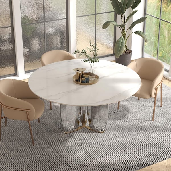 Monland Modern Round Medium Flower White Artificial Stone Top 59.06 in. Stainless Steel Mirror Pedestal Dining Table (6 Seats)