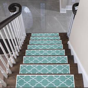 Lattice Design 9" X 28" Stair Treads - 70 % Cotton Carpet for Indoor Stairs-with Double Adhesive Tape-Safe, 13-Pack-Teal
