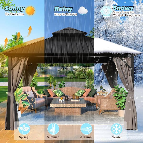 12 ft. W x 12 ft. D Hardtop Gazebo Aluminum Double Roof Metal Gazebo with Curtain and Netting