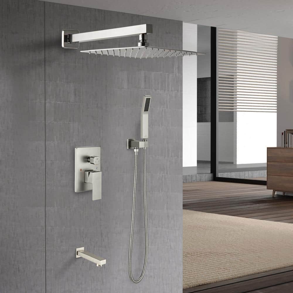 Brushed Nickel Wall-Mounted Rain Shower System with Handheld Head