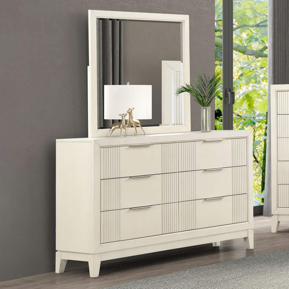 Antique White Wood 6-Drawer Dresser with Mirror
