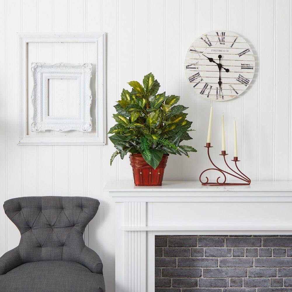 Nearly Natural Green Fern Silk Plant with Wicker Basket