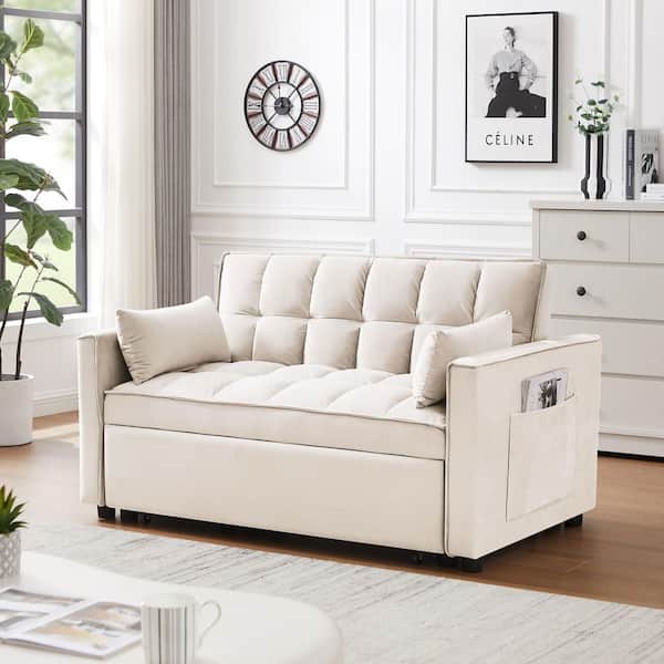 55 in. W 3-in-1 Convertible Velvet Sleeper Sofa Bed with 2 Pillows, Beige, 2-Seater Loveseat