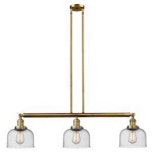 Bell 3-Light Brushed Brass Island Pendant Light with Seedy Glass Shade