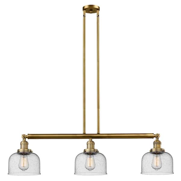 Bell 3-Light Brushed Brass Island Pendant Light with Seedy Glass Shade