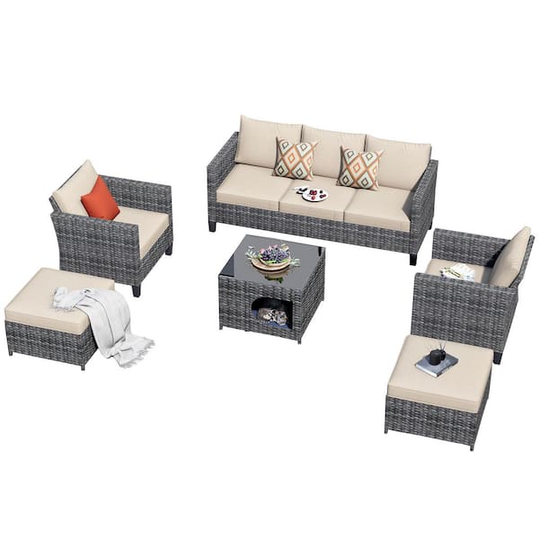 XIZZI Moxie Gray 6-Piece Wicker Outdoor Patio Conversation Seating Set with Beige Cushions