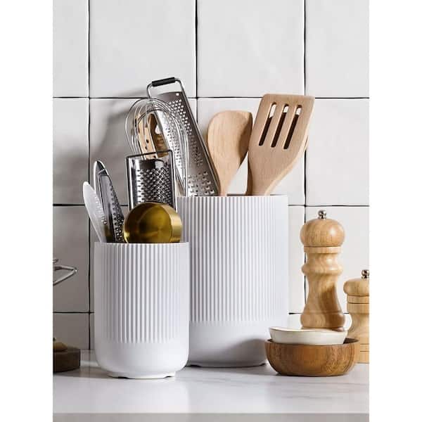 White Ceramic Utensil Holder with 2-Piece Size Set and Vertical Ribbed Design, Morden Utensil Organizer for Spatula