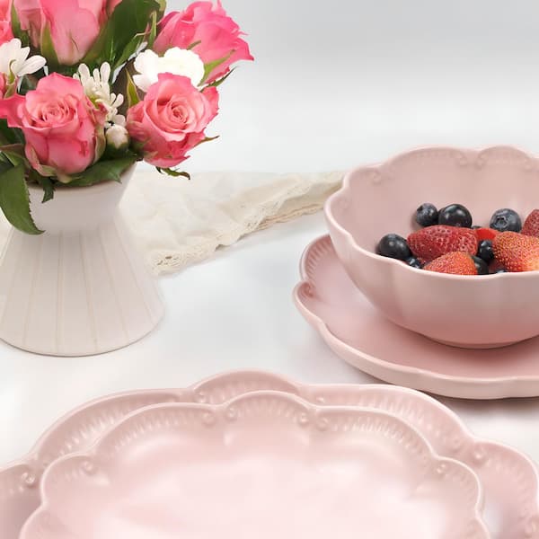 Sango Bethany 12-Piece Scalloped Pink Stoneware Dinnerware Set