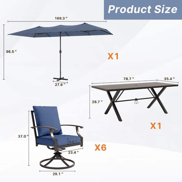 7-Piece Metal Patio Outdoor Dining Set with 6 Swivel Chairs, Large Table, Umbrella and NavyBlue Cushions