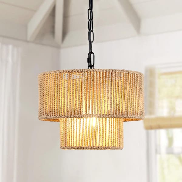 1 Light 2-Tier Black Drum Rattan Dimmable Chandelier for Kitchen Island with No Bulbs Included