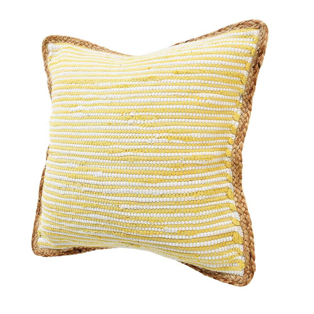 Yellow and White Striped Cotton and Jute 20" Square Throw Pillow