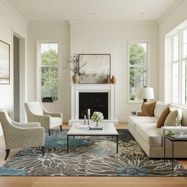 Passion Charcoal/Blue 7 ft. x 10 ft. Floral Contemporary Area Rug