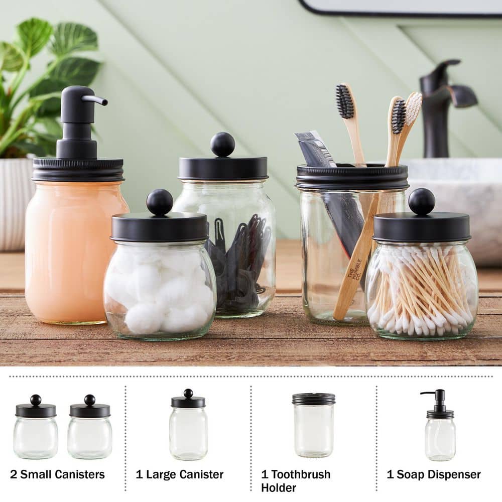 Black Glass and Plastic 5-Piece Bathroom Accessories Set