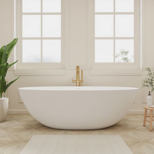 Verna 71 in. x 35 in, Solid Surface Stone Resin Matte Freestanding Flat Bottom Bathtub in White