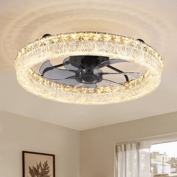 20 in. LED Indoor Gold Flush Mount Fandelier Ceiling Fan with Crystal Dimmable Lighting with Remote