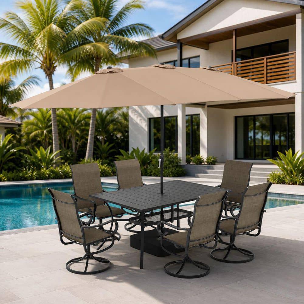 8-Piece Metal Outdoor Dining Set with 59.2 in. Rectangle Table, 6 Textilene Swivel Chairs in Brown and Beige Umbrella price history on PriceWatchPro