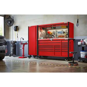72 in. W x 24.5 in. D Professional Duty 20-Drawer Mobile Workbench Combo with Side Locker and Top Hutch in Gloss Red