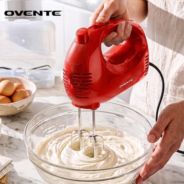 OVENTE 5-Speed Ultra Power Hand Mixer with Free Storage Case, Red
