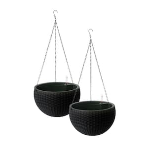 Wicker 10 in. Hanging Basket Planter, Self-Watering, Plastic Rattan Black (2-Pack)
