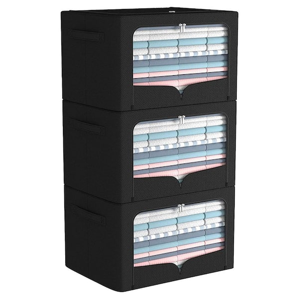 70 qt. Linen Clothes Storage Bin with Lid in Black (3-Pack)