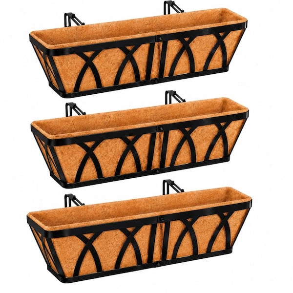 24 in. L x 3-Pack Outdoor Steel Window Box Planters with Coco Liners, Hanging Balcony Fence Railing Flower Pots