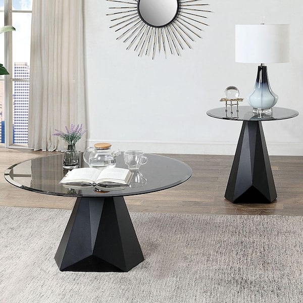 Furniture of America Prospector 2-Piece 36 in. Black and Gray Round Glass Coffee Table Set