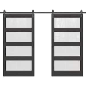 84 in. x 84 in. 4-Lite Tempered Frosted Glass Black Prefinished MDF Sliding Barn Door Slab with Hardware Kit