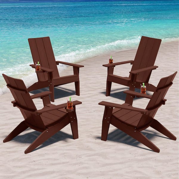 Oversize Modern Coffee Plastic Outdoor Patio Adirondack Chair with Cup Holder (4-Pack)