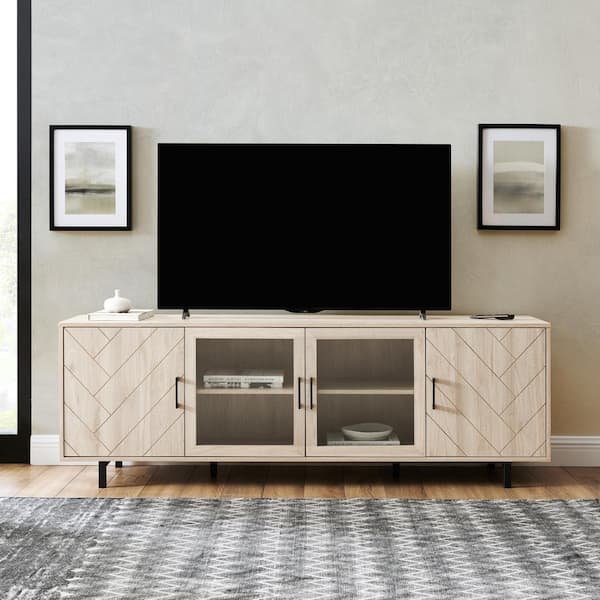 70 in. Herringbone Birch Wood and Glass Modern Herringbone TV Stand with 4-Doors (Max TV Size 80 in.)