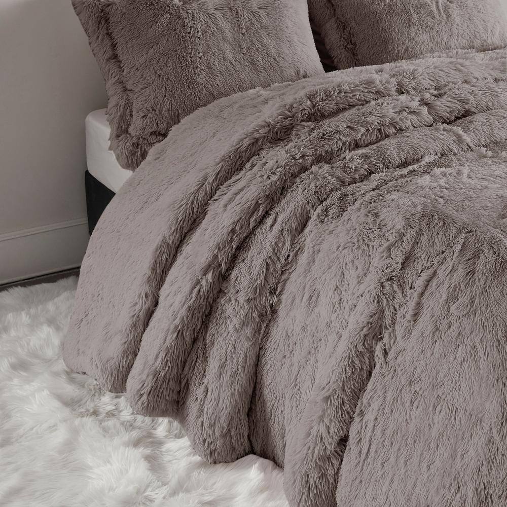 King Gray Shaggy Faux Fur Bedspread Cover Set