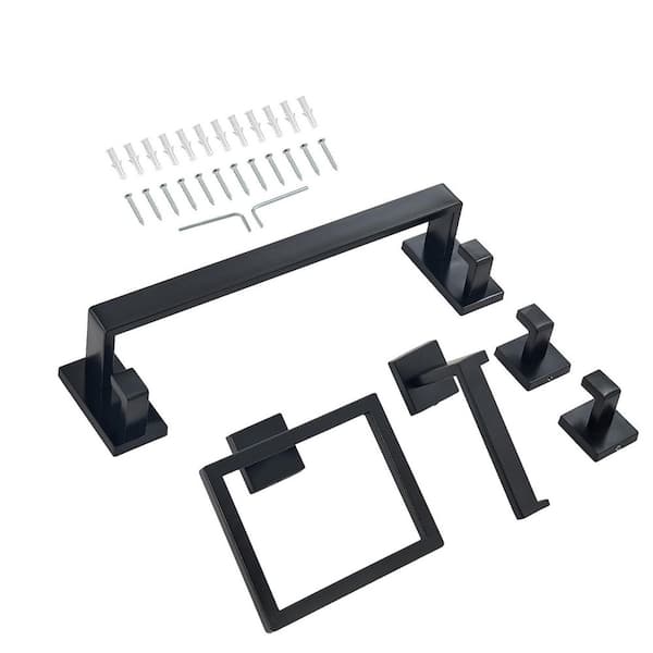 Matte Black Bathroom Hardware Set, 5-Pieces Bathroom Accessories Set, Stainless Steel 16 in. Towel Bar, Towel Rack