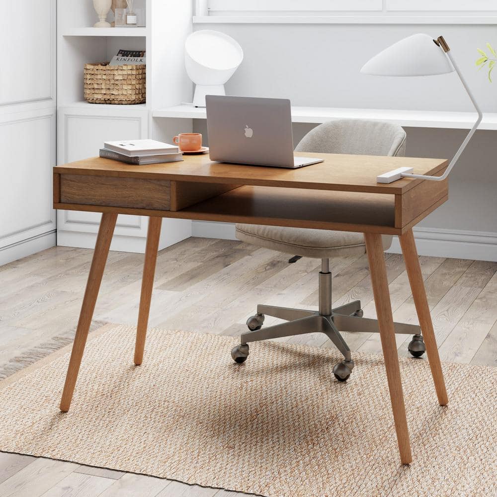 Parker Light Brown Wood Mid-Century Desk with Drawer