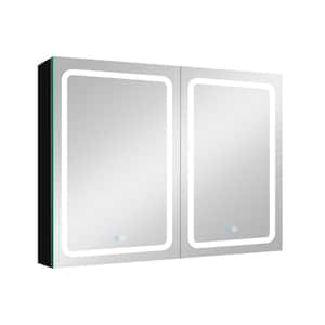 40in. W x 30in. H Black Rectangular Aluminum Surface Mount Double Door Lighted LED Bathroom Medicine Cabinet with Mirror