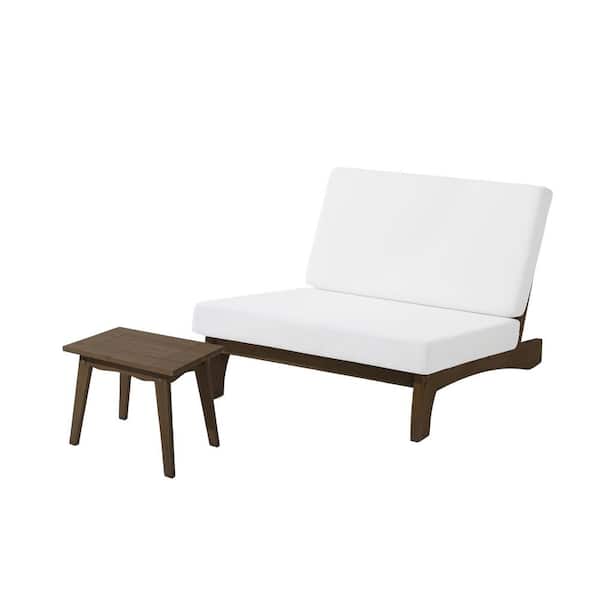 Uixe 2-Piece Brown Teak Patio Conversation Set Loveseat Chair with Removable White Cushions and Side Table