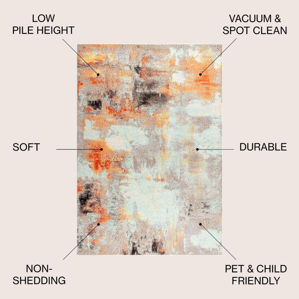 Cream and Orange Abstract Synthetic Area Rug, 5 x 8