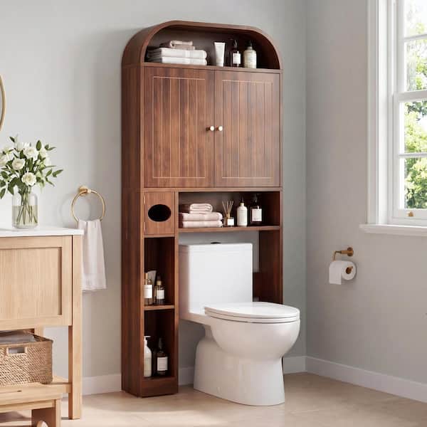 ATHMILE 67.72 in. H Arc Shape Walnut Bathroom Etageres and Space Savers with Toilet Paper Box over the Toilet