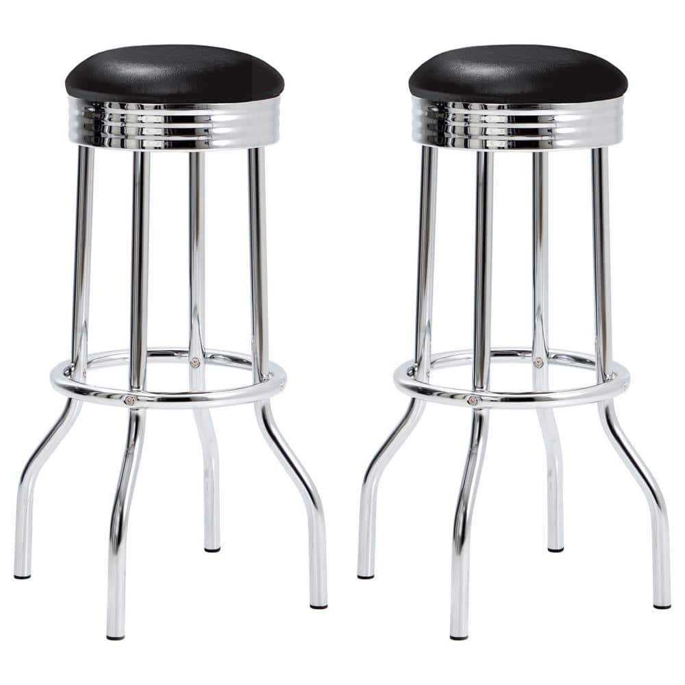 Transitional Swivel Saddle Bar Stool in Black Leather and Chrome