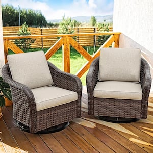 2-Piece Brown Wicker Outdoor Rocking Chair Patio Swivel Chair Set with Beige Cushion