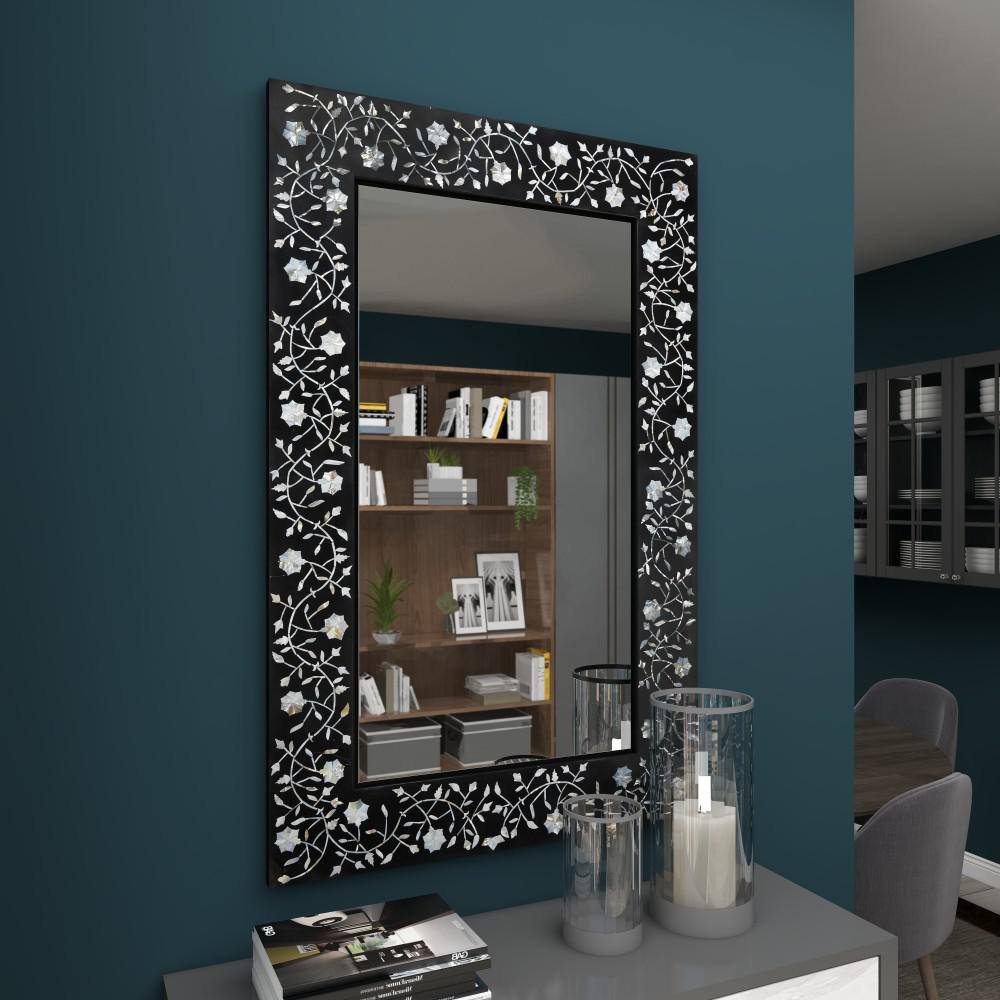 Rectangular Black Wood Wall Mirror with Floral Inlay