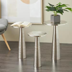 16 in. Silver Ridged Cone Metal End Table with Layered Ring Tabletop and Cone Shaped Bases (3- Pieces)