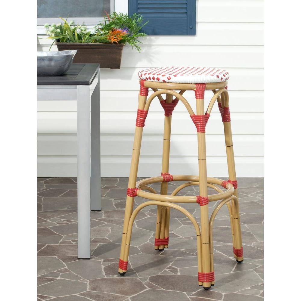 Coastal Farmhouse Red & White Faux Bamboo Bar Stool
