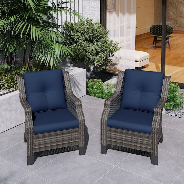 2-Piece Wicker Patio Outdoor Lounge Chair with Blue Cushions