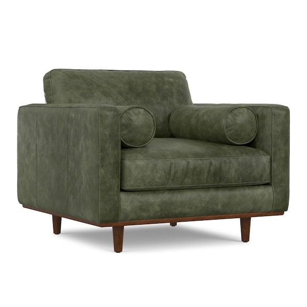 Morrison 43 inch Wide Mid-Century Modern Accent Chair in Moss Green Top Grain Genuine Leather