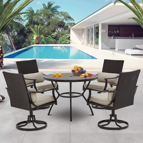 Unbranded 5-Piece Metal Outdoor Dining Set, Patio Dining Furniture Set with 1-Round Table, 4-Armrest Swivel Chairs, Gray Cushions