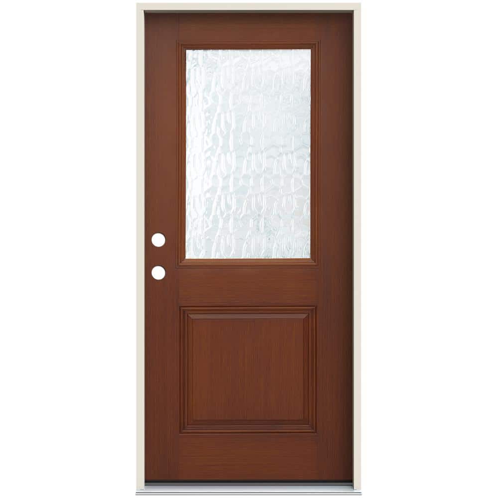 36 in. x 80 in. Right-Hand 1/2 Lite Vapor Decorative Glass Mocha Stain Fiberglass Prehung Front Door with Brickmould -  JELD-WEN, THDJW231800086