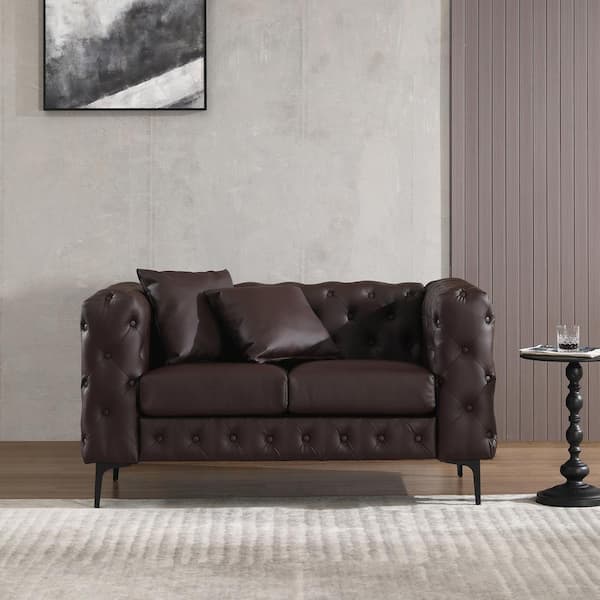 59 in. Modern Glam Chocolate Track Arm Faux Leather 2-Seater Loveseat Couch with Tufted Button for Living Room Apartment