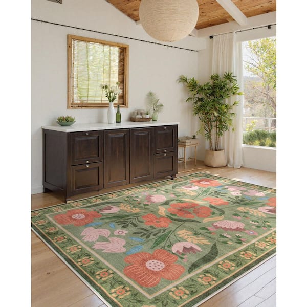 Cottagecore Floral Washable Non-Slip Green 6 ft. x 9 ft. Area Rug