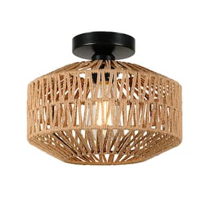 11.8 in. W 1-Light Mini Natural Rattan Chandelier Flush Mount Light with Dimmable LED Bulb